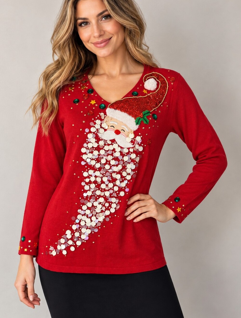 BEREK Festive Santa Sequin V-Neck Holiday Sweater